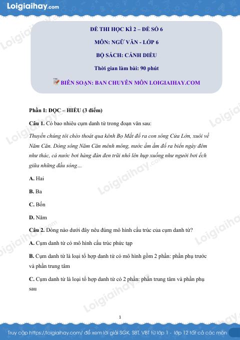 Đề thi học kì 2 Văn 6 Cánh diều - Đề số 6